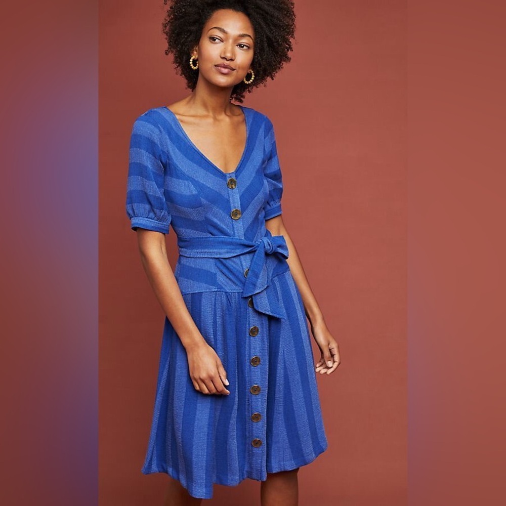 Anthropologie Maeve Antonia Blue Chevron Stripe Button Front Midi Dress Size 2